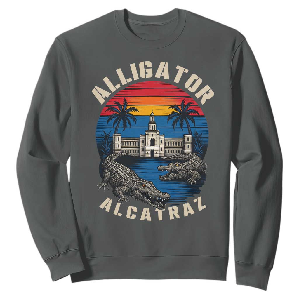 Alligator Alcatraz Political Sweatshirt Florida Prison State Retro Sunset TS02 Dark Heather Print Your Wear