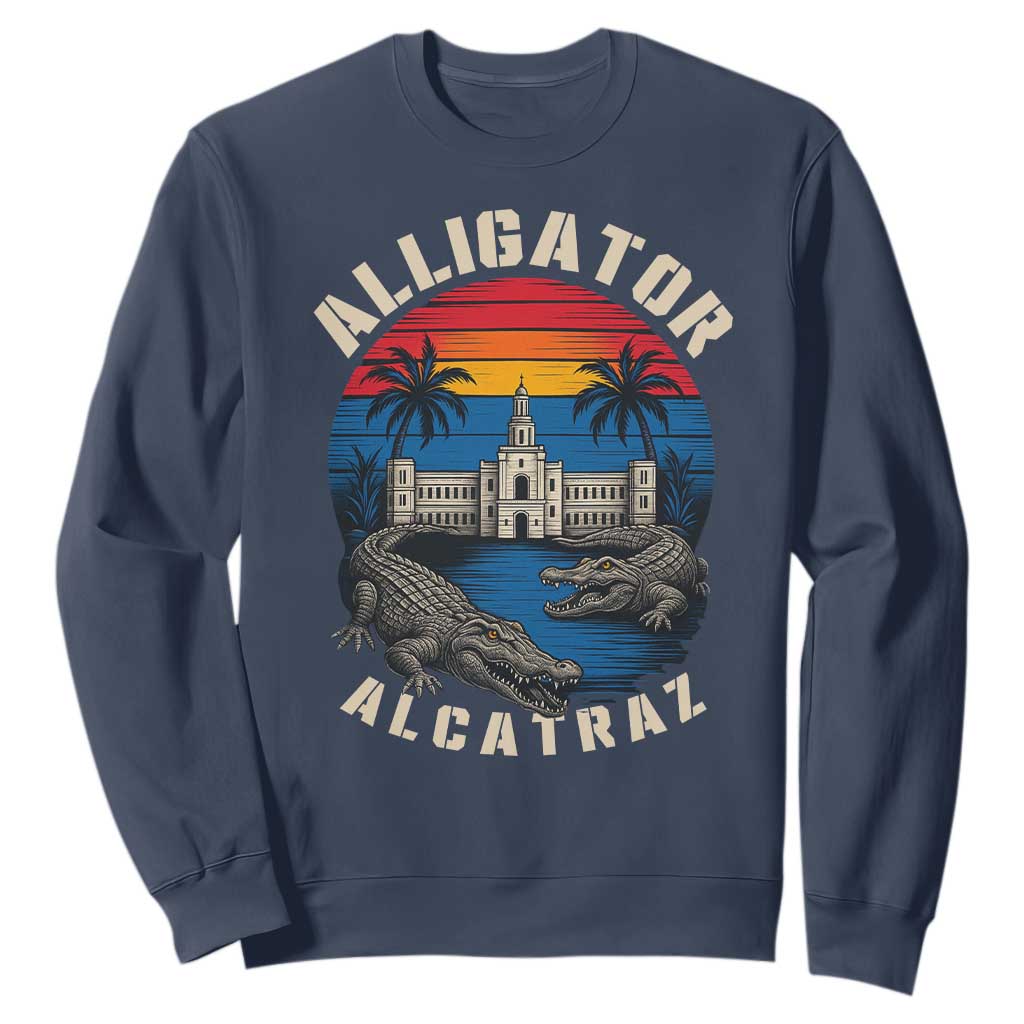 Alligator Alcatraz Political Sweatshirt Florida Prison State Retro Sunset TS02 Navy Print Your Wear