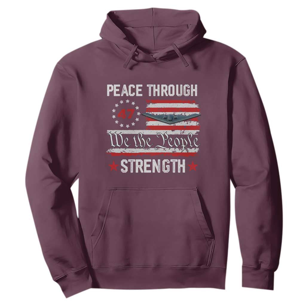 Peace Through Strength Hoodie Patriotic Midnight Hammer Jet American Flag TS02 Maroon Print Your Wear