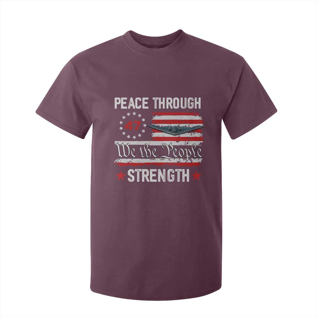 Peace Through Strength T Shirt For Kid Patriotic Midnight Hammer Jet American Flag TS02 Maroon Print Your Wear