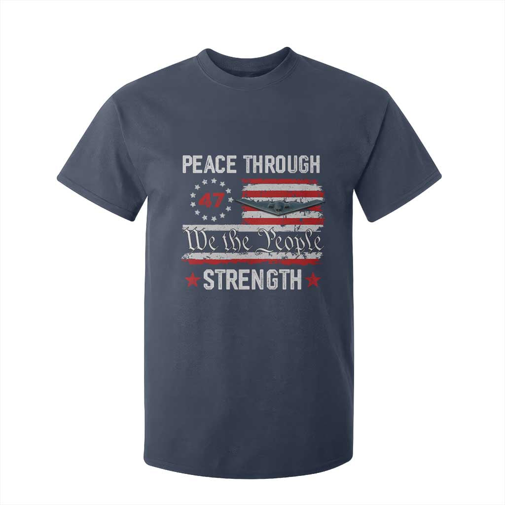 Peace Through Strength T Shirt For Kid Patriotic Midnight Hammer Jet American Flag TS02 Navy Print Your Wear