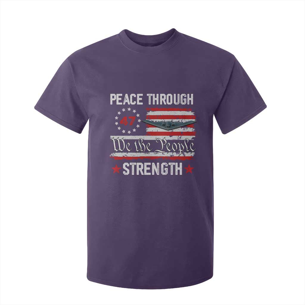 Peace Through Strength T Shirt For Kid Patriotic Midnight Hammer Jet American Flag TS02 Purple Print Your Wear