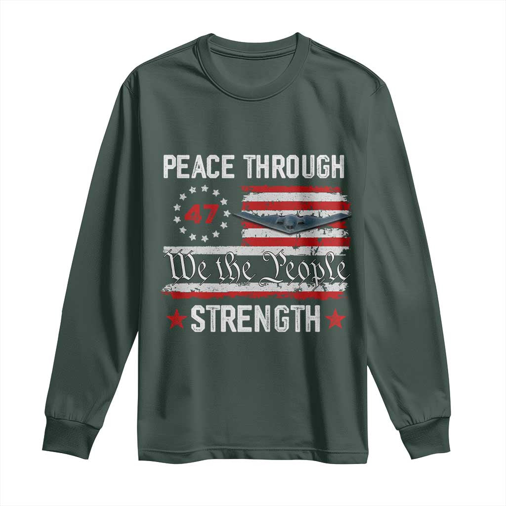 Peace Through Strength Long Sleeve Shirt Patriotic Midnight Hammer Jet American Flag TS02 Dark Forest Green Print Your Wear