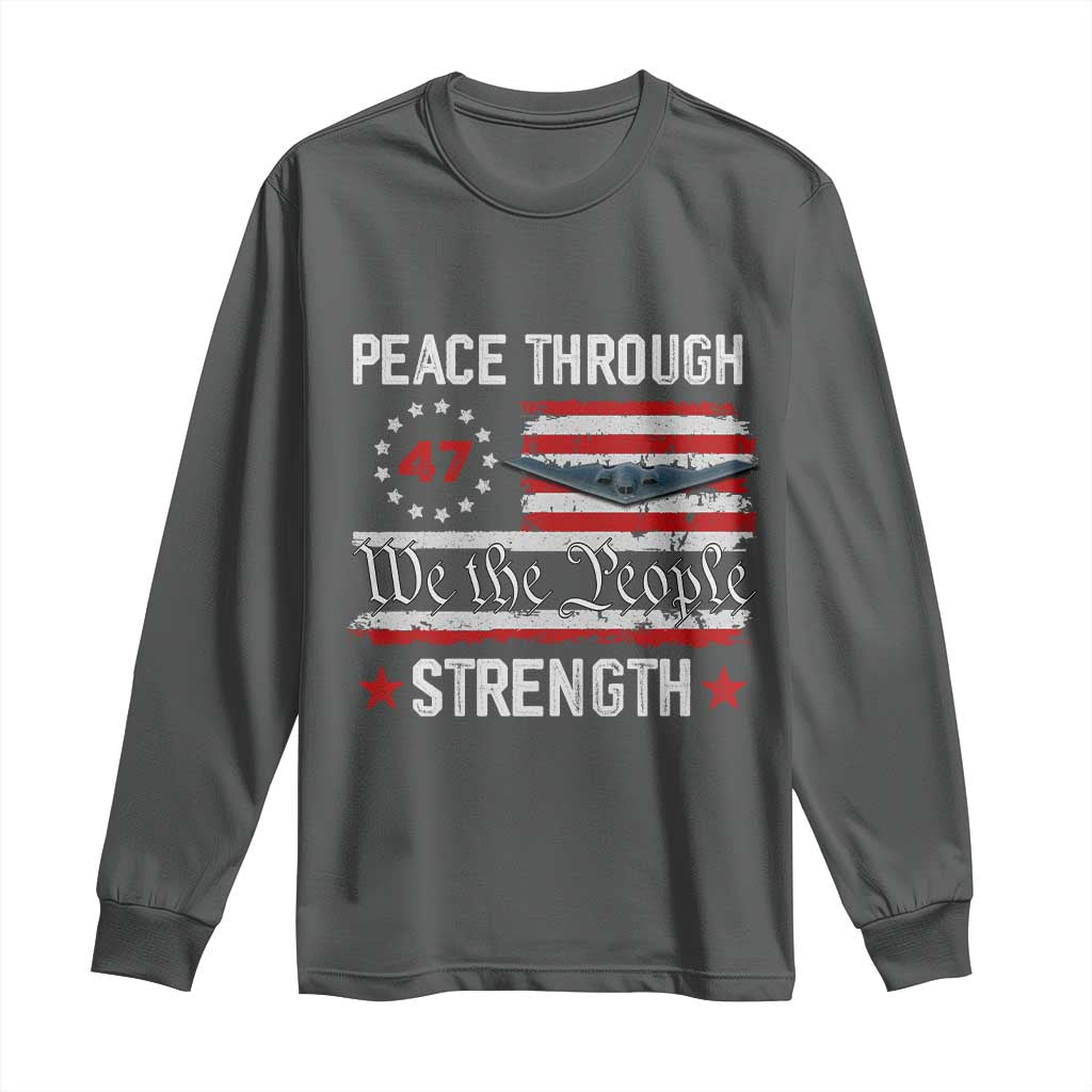 Peace Through Strength Long Sleeve Shirt Patriotic Midnight Hammer Jet American Flag TS02 Dark Heather Print Your Wear