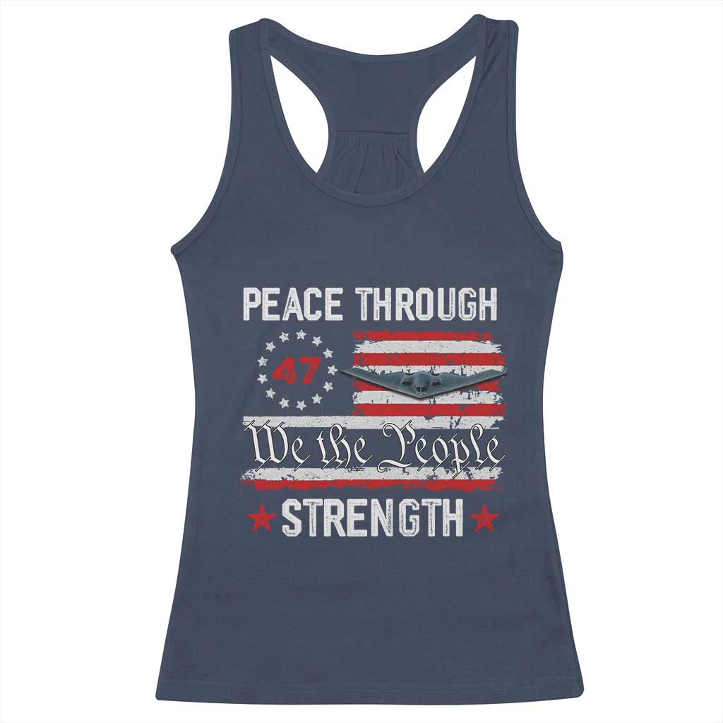 Peace Through Strength Racerback Tank Top Patriotic Midnight Hammer Jet American Flag TS02 Navy Print Your Wear