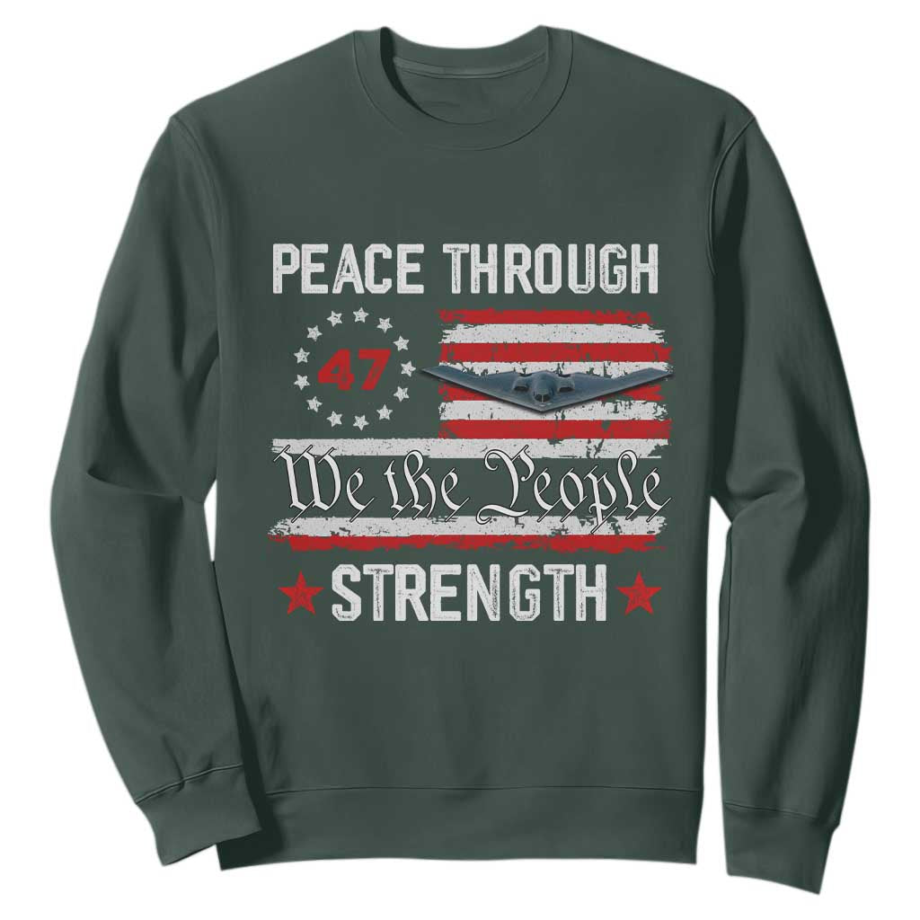 Peace Through Strength Sweatshirt Patriotic Midnight Hammer Jet American Flag TS02 Dark Forest Green Print Your Wear
