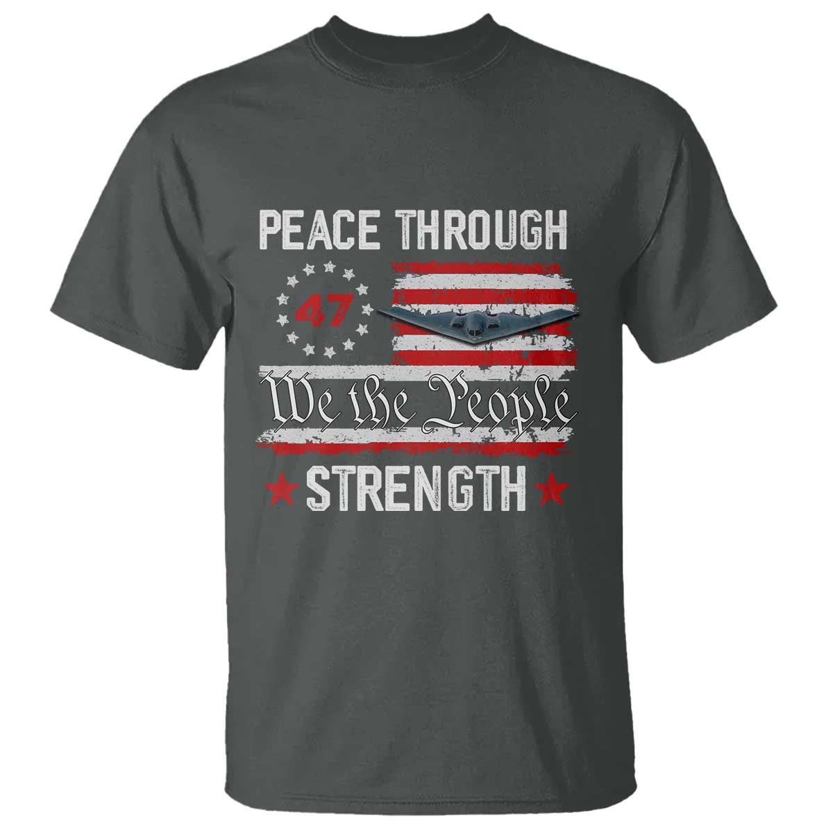 Peace Through Strength T Shirt Patriotic Midnight Hammer Jet American Flag TS02 Dark Heather Print Your Wear