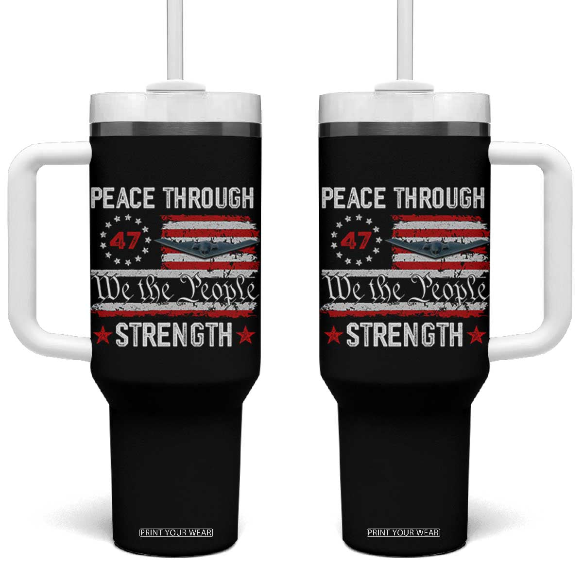 Peace Through Strength Tumbler With Handle Patriotic Midnight Hammer Jet American Flag TS02 One Size: 40 oz Black Print Your Wear