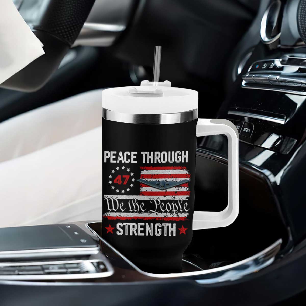 Peace Through Strength Tumbler With Handle Patriotic Midnight Hammer Jet American Flag TS02 Print Your Wear
