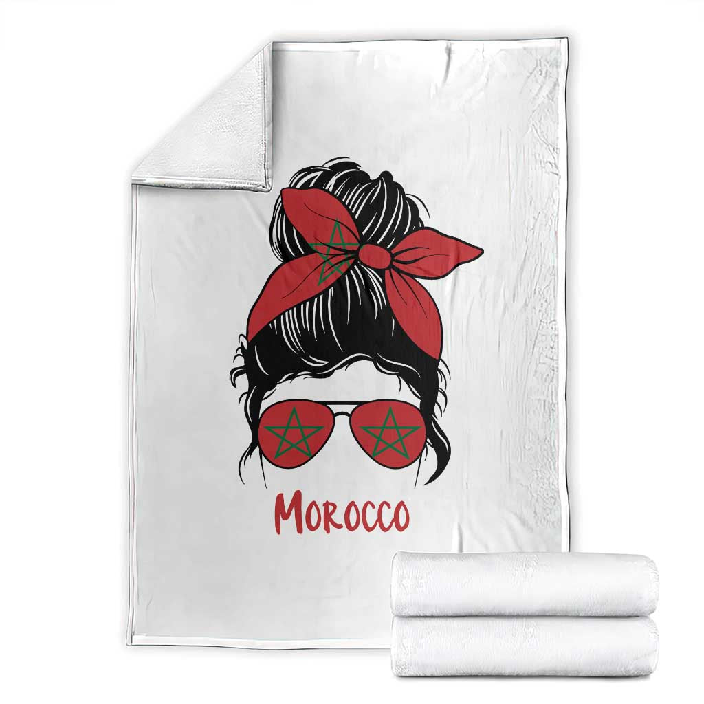 Morocco Girl Messy Bun with Flag Sunglasses Throw Blanket Proud Moroccan Woman Heritage TS02 White Print Your Wear