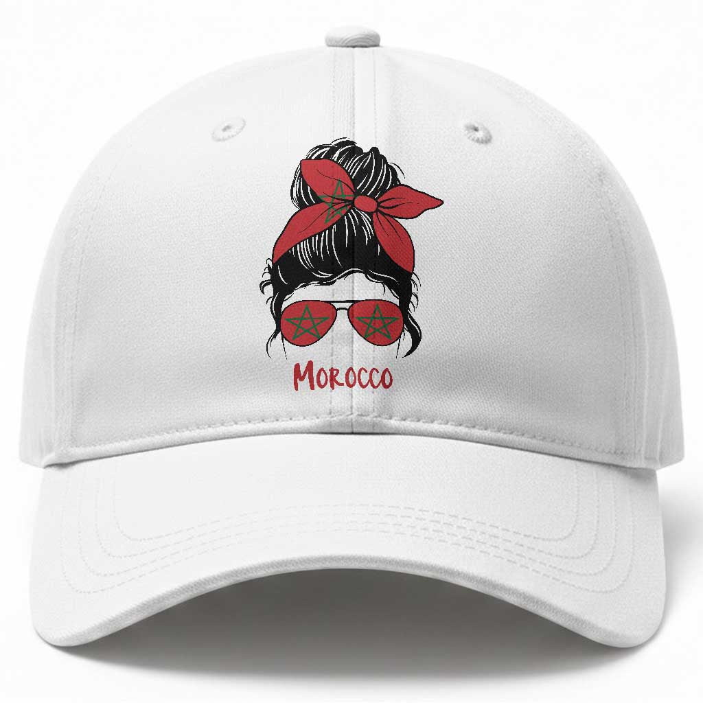 Morocco Girl Messy Bun with Flag Sunglasses Baseball Cap Proud Moroccan Woman Heritage TS02 Print Your Wear