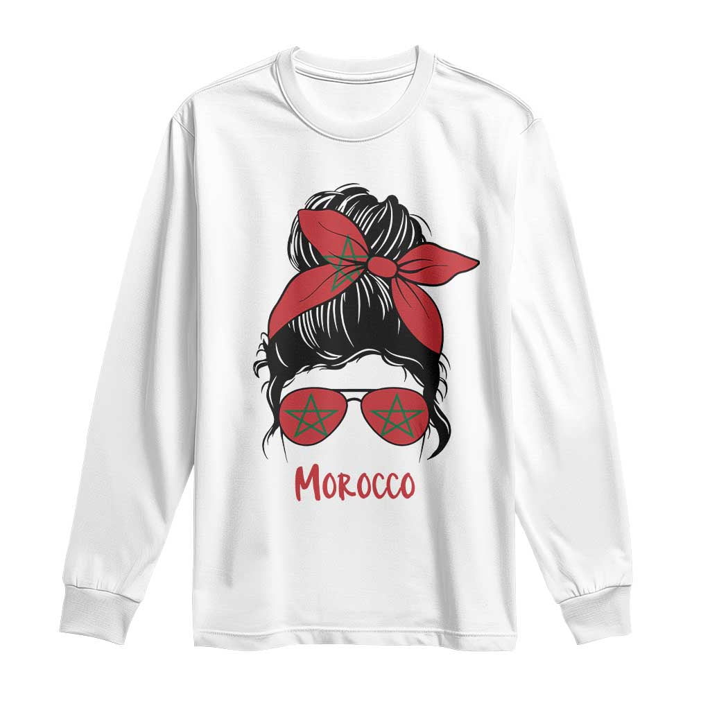 Morocco Girl Messy Bun with Flag Sunglasses Long Sleeve Shirt Proud Moroccan Woman Heritage TS02 White Print Your Wear