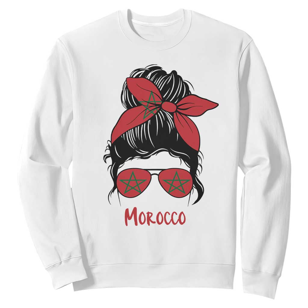 Morocco Girl Messy Bun with Flag Sunglasses Sweatshirt Proud Moroccan Woman Heritage TS02 White Print Your Wear