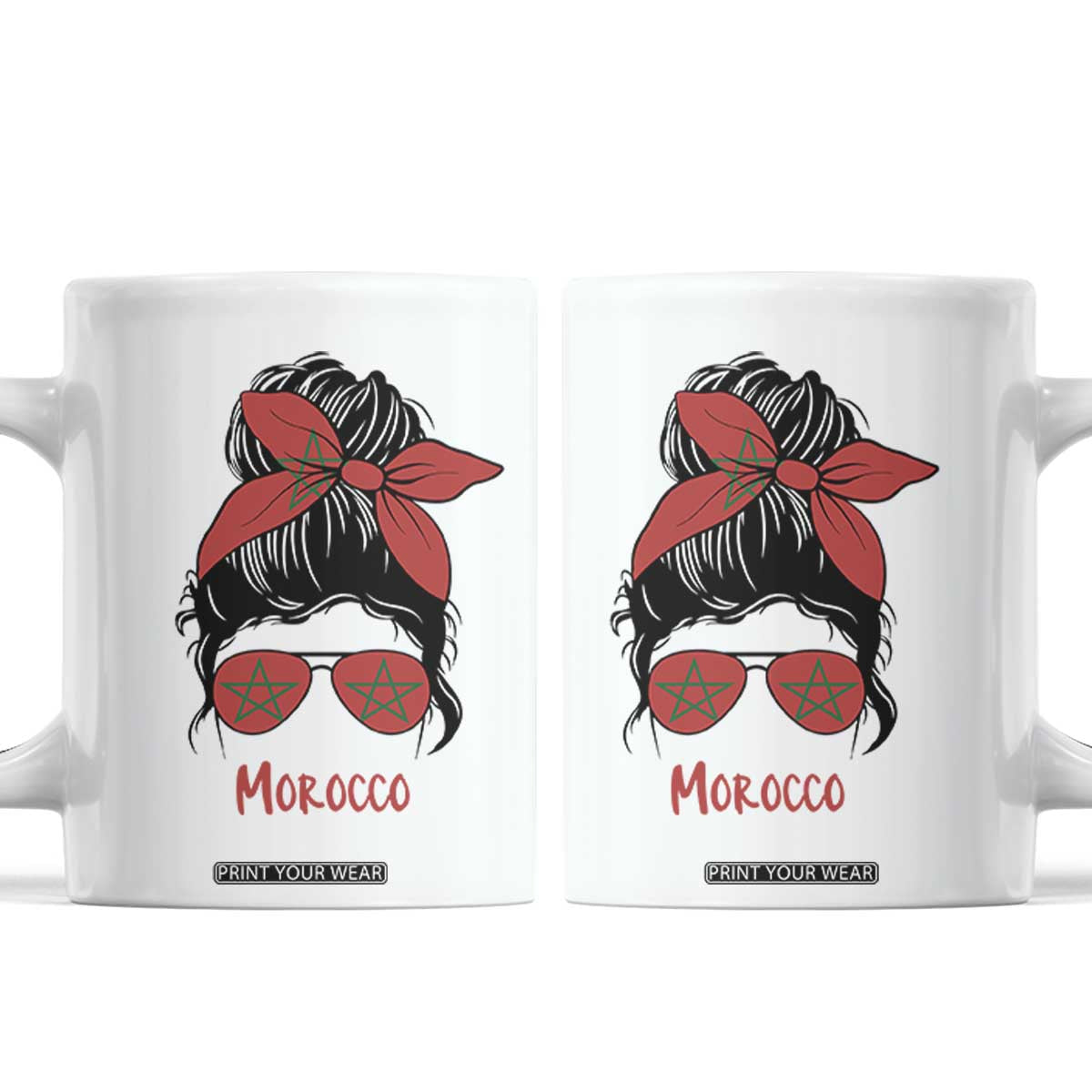 Morocco Girl Messy Bun with Flag Sunglasses Coffee Mug Proud Moroccan Woman Heritage TS02 White Print Your Wear