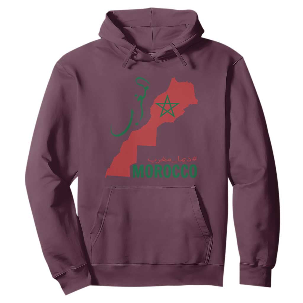 Morocco Map Dima Maghrib with Arabic Calligraphy Hoodie Maghreb Traditional Moroccan Roots Graphic TS02 Maroon Print Your Wear