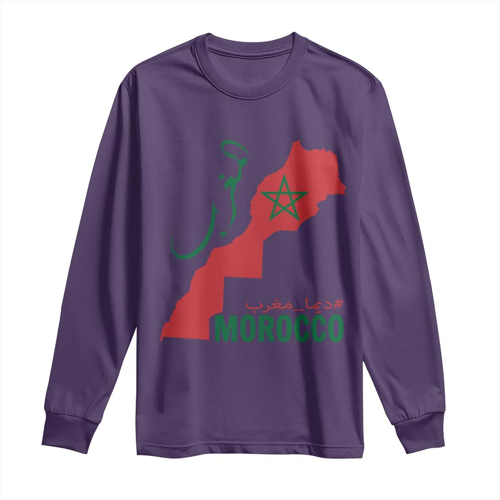Morocco Map Dima Maghrib with Arabic Calligraphy Long Sleeve Shirt Maghreb Traditional Moroccan Roots Graphic TS02 Purple Print Your Wear