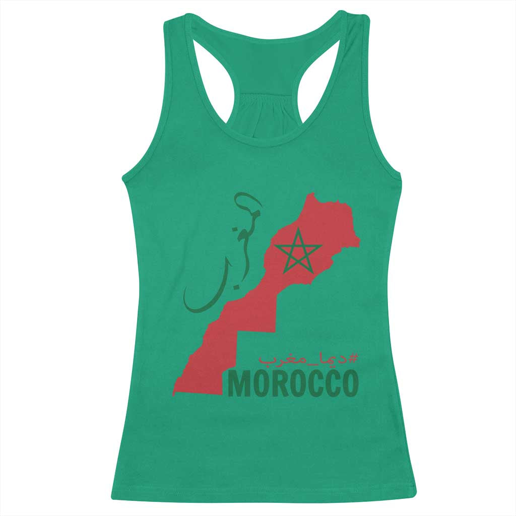 Morocco Map Dima Maghrib with Arabic Calligraphy Racerback Tank Top Maghreb Traditional Moroccan Roots Graphic TS02 Irish Green Print Your Wear