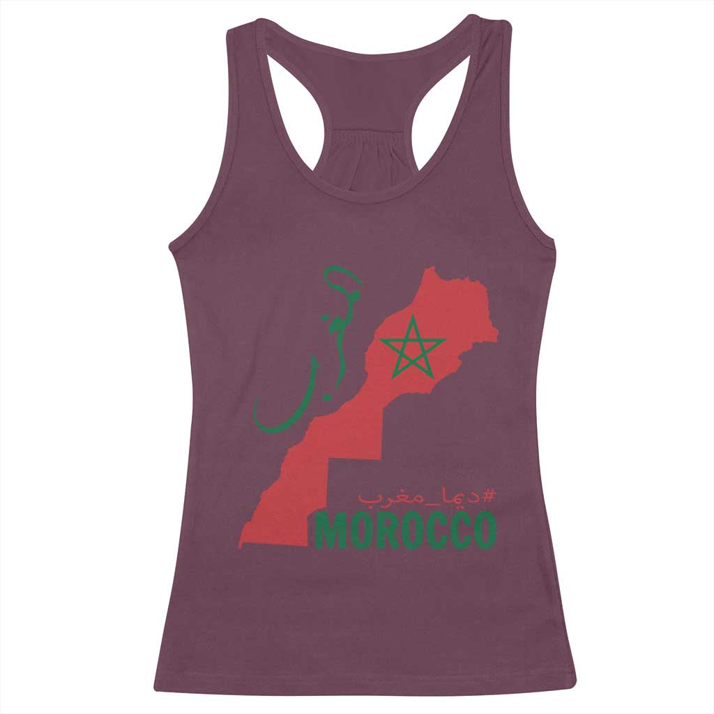 Morocco Map Dima Maghrib with Arabic Calligraphy Racerback Tank Top Maghreb Traditional Moroccan Roots Graphic TS02 Maroon Print Your Wear