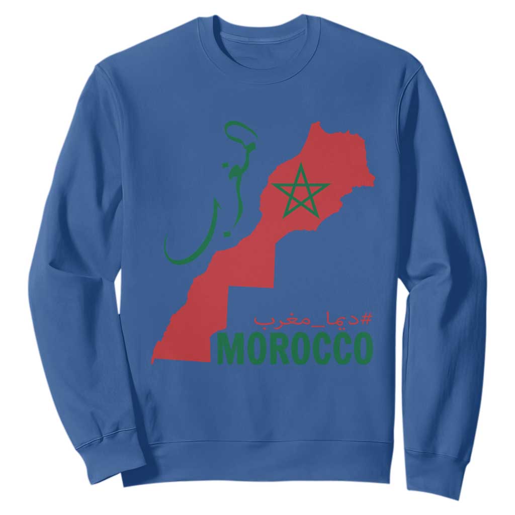 Morocco Map Dima Maghrib with Arabic Calligraphy Sweatshirt Maghreb Traditional Moroccan Roots Graphic TS02 Royal Blue Print Your Wear