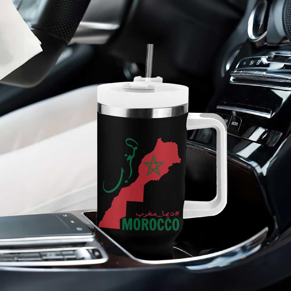 Morocco Map Dima Maghrib with Arabic Calligraphy Tumbler With Handle Maghreb Traditional Moroccan Roots Graphic TS02 Print Your Wear