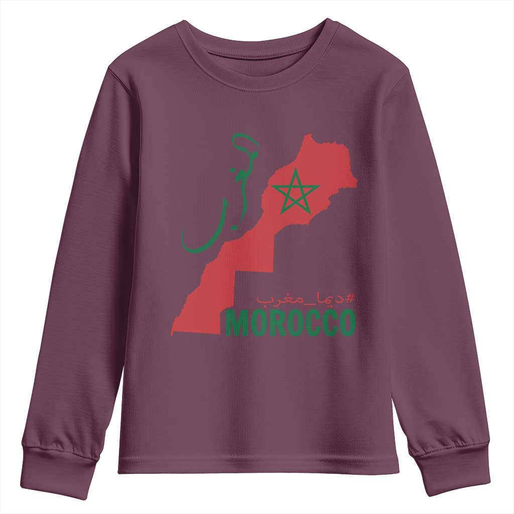 Morocco Map Dima Maghrib with Arabic Calligraphy Youth Sweatshirt Maghreb Traditional Moroccan Roots Graphic TS02 Maroon Print Your Wear