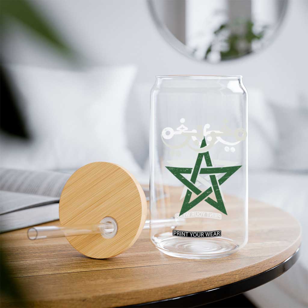 Maghribi Morocco Flag Star Traditional Arabic Script Glass Can Patriotic Moroccan Pride Heritage TS02 Print Your Wear