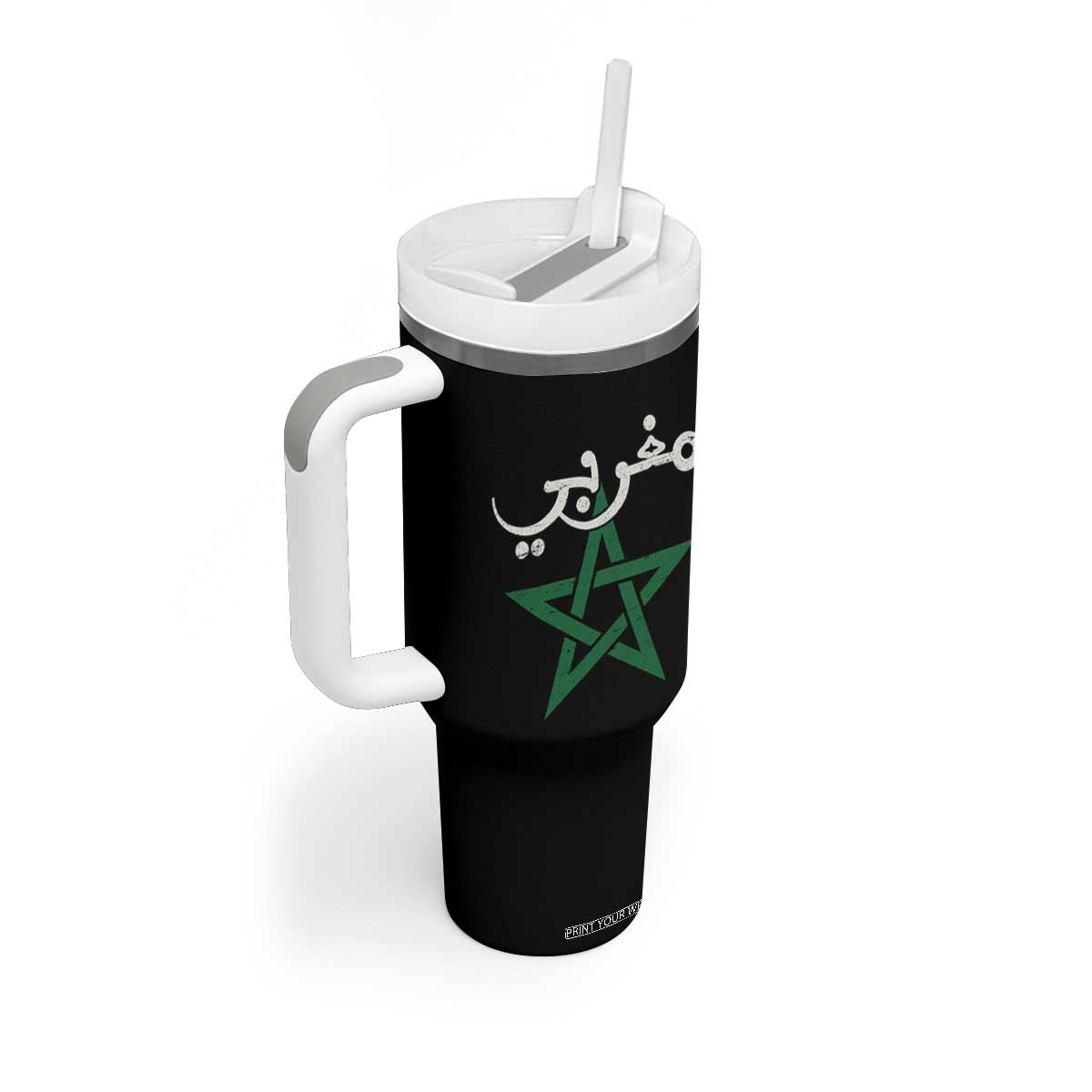 Maghribi Morocco Flag Star Traditional Arabic Script Tumbler With Handle Patriotic Moroccan Pride Heritage TS02 Print Your Wear