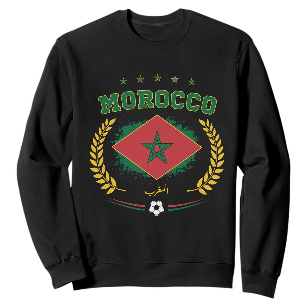 Morocco Football Laurel Wreath Crest Graphic Sweatshirt Proud Moroccan Soccer Star Emblem Sports Fans TS02 Black Print Your Wear