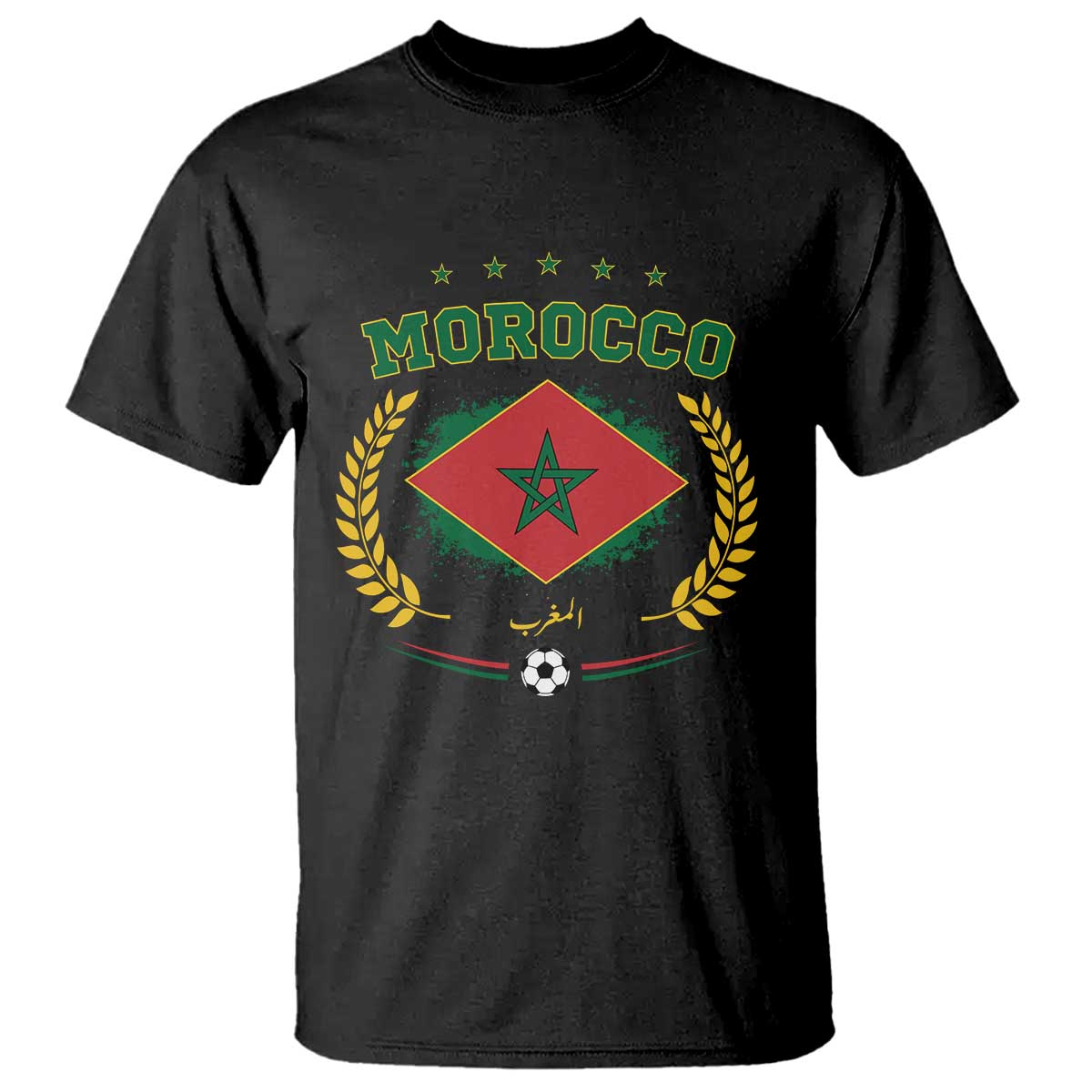Morocco Football Laurel Wreath Crest Graphic T Shirt Proud Moroccan Soccer Star Emblem Sports Fans TS02 Black Print Your Wear