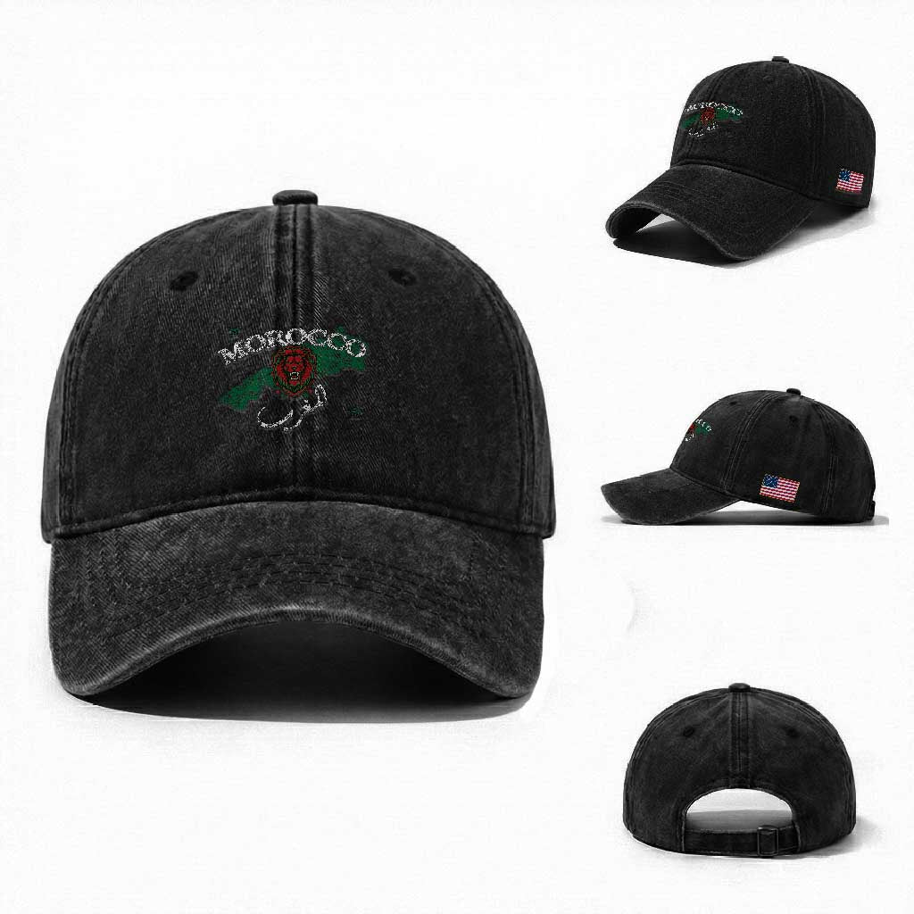 Morocco Lion Maghrib Moroccan Spirit Heritage Washed Cotton Baseball Cap TS02 Washed Cap Universal Fit Black Print Your Wear