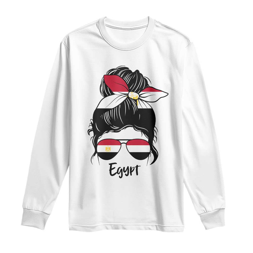 Egyptian Flag Messy Bun Girl Long Sleeve Shirt Patriotic Egypt Women TS02 White Print Your Wear
