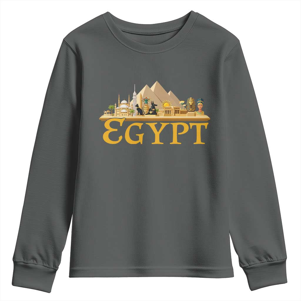 Ancient Egypt Pyramids Sphinx Graphic Youth Sweatshirt Vintage Egypt Anubis History Buff Travel Souvenir TS02 Dark Heather Print Your Wear