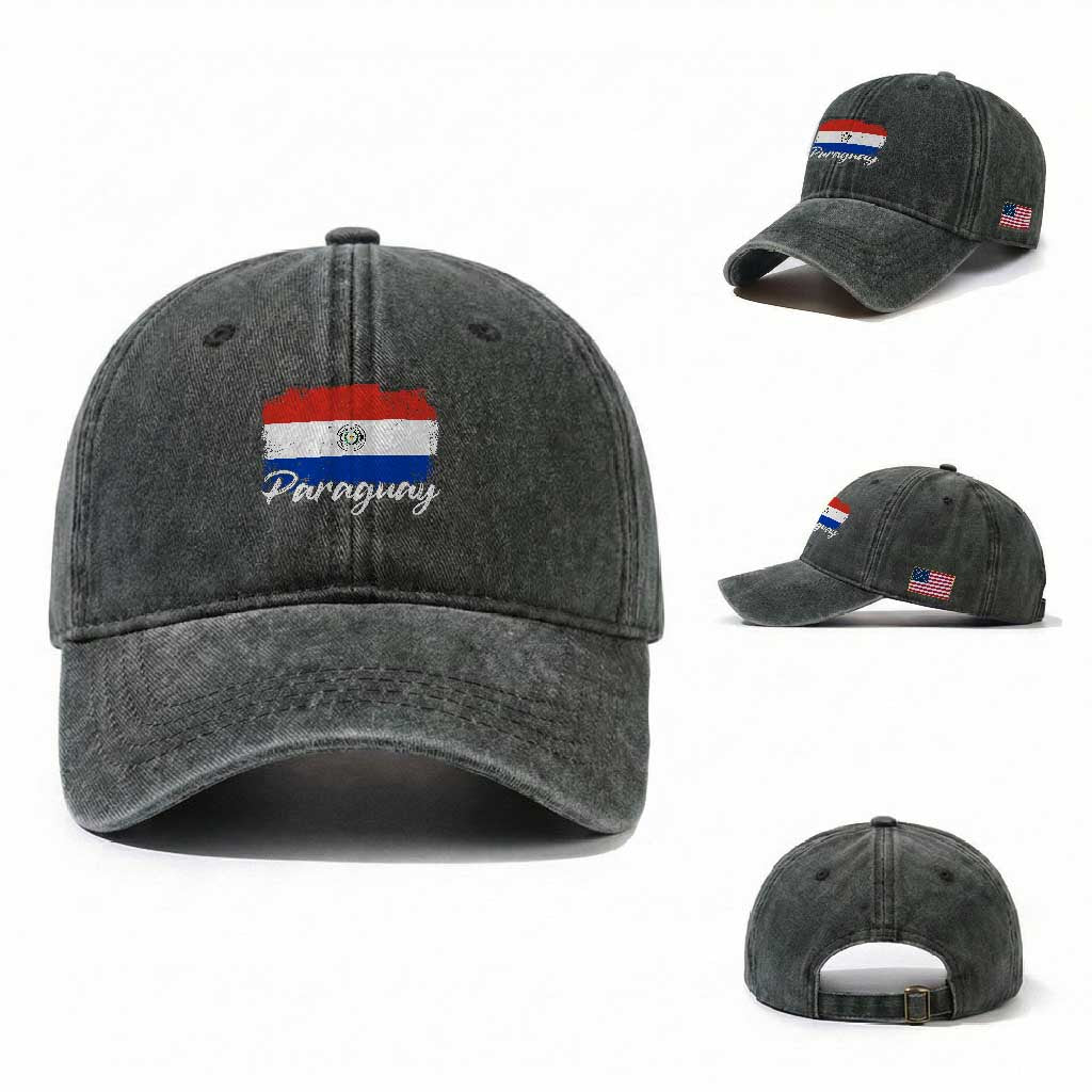 Vintage Paraguay Flag Paraguaya Heritage Pride Roots Washed Cotton Baseball Cap TS02 Washed Cap Universal Fit Dark Green Print Your Wear