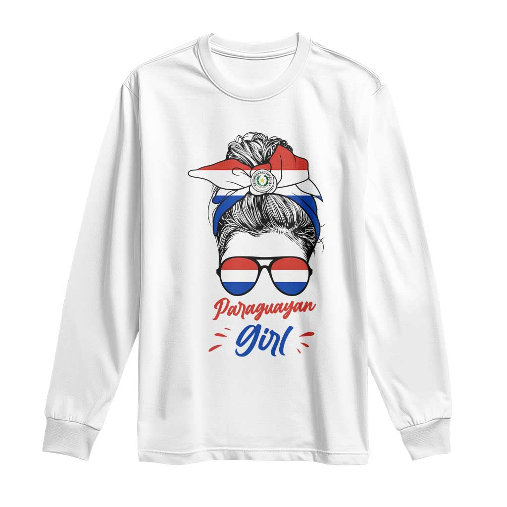 Proud Paraguayan Girl Messy Bun Bandana Aviator Sunglasses Long Sleeve Shirt Paraguay Heritage Roots HispanicLatina Pride TS02 White Print Your Wear