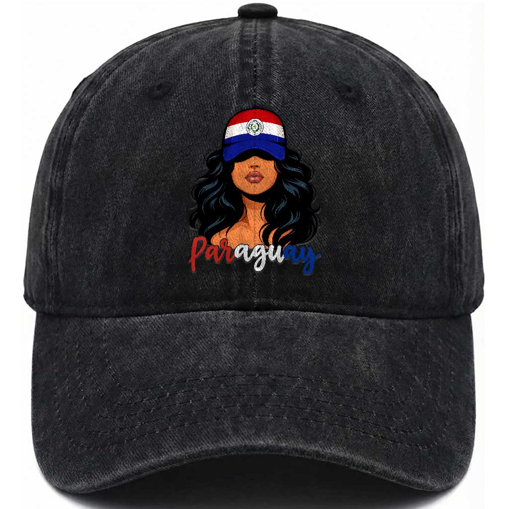 Proud Paraguayan Woman Melanin Curls Afro Latina Washed Cotton Baseball Cap Paraguay Flag Roots Hispanic Heritage Pride TS02 Print Your Wear