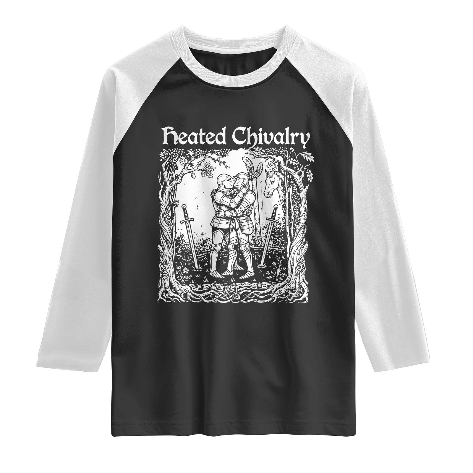Heated Chivalry Kissing Knights Raglan Shirt Romantic Funny Medieval Woodcut Fantasy Folklore Graphic TS02 Black White Print Your Wear