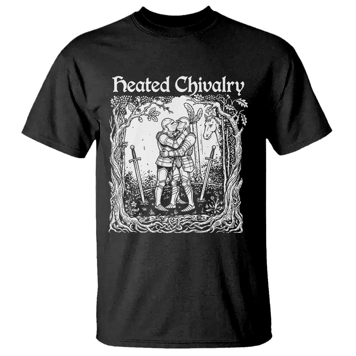 Heated Chivalry Kissing Knights T Shirt Romantic Funny Medieval Woodcut Fantasy Folklore Graphic TS02 Black Print Your Wear