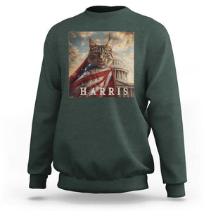 Childless Cat Ladies For Harris 2024 Sweatshirt Kamala For President Retro American Flag Cat Graphic TS02 Dark Forest Green Print Your Wear