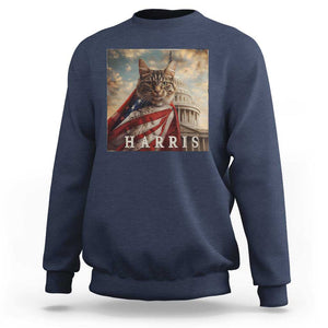 Childless Cat Ladies For Harris 2024 Sweatshirt Kamala For President Retro American Flag Cat Graphic TS02 Navy Print Your Wear