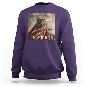 Childless Cat Ladies For Harris 2024 Sweatshirt Kamala For President Retro American Flag Cat Graphic TS02 Purple Print Your Wear