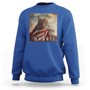 Childless Cat Ladies For Harris 2024 Sweatshirt Kamala For President Retro American Flag Cat Graphic TS02 Royal Blue Print Your Wear