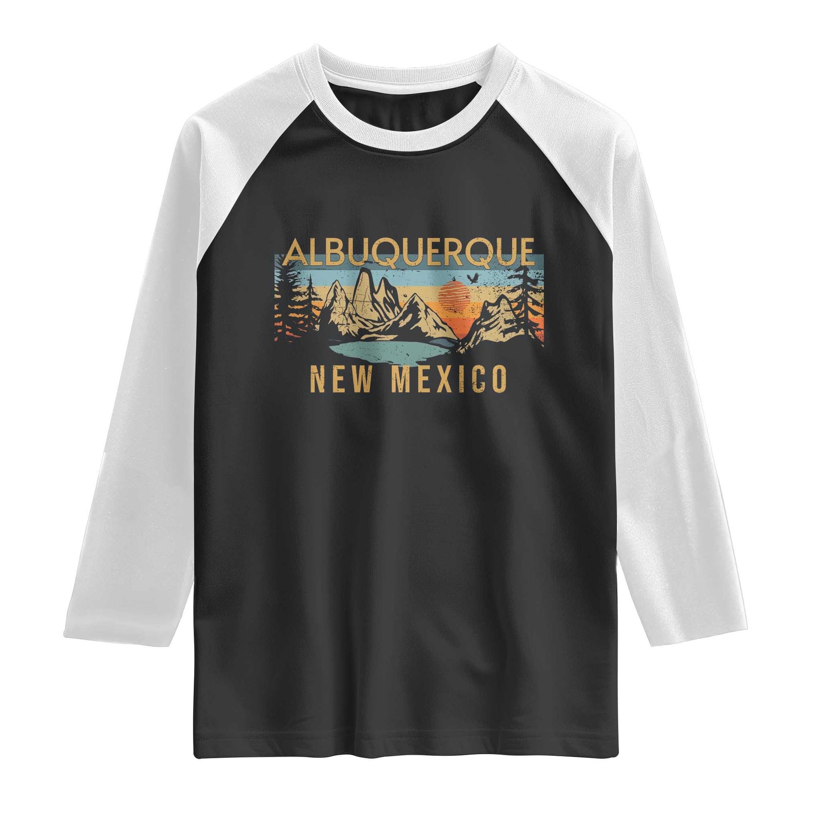 Vintage Albuquerque New Mexico Raglan Shirt Retro Mountain Landscape Sunset Graphic