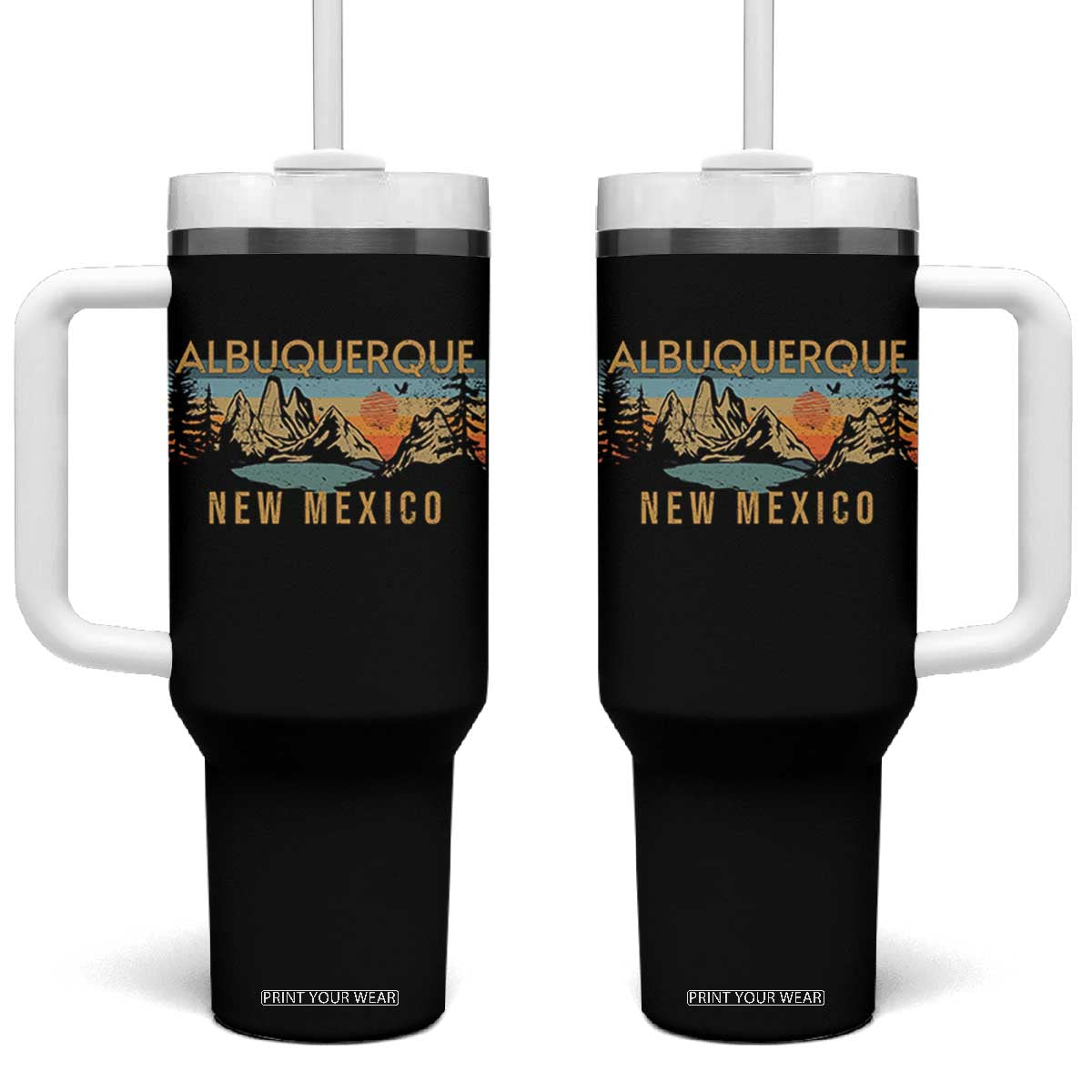 Vintage Albuquerque New Mexico Tumbler With Handle Retro Mountain Landscape Sunset Graphic