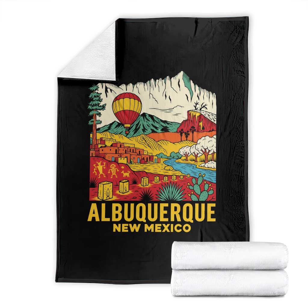 Vintage Albuquerque New Mexico Throw Blanket Southwestern Pueblo Landscape Hot Air Balloon
