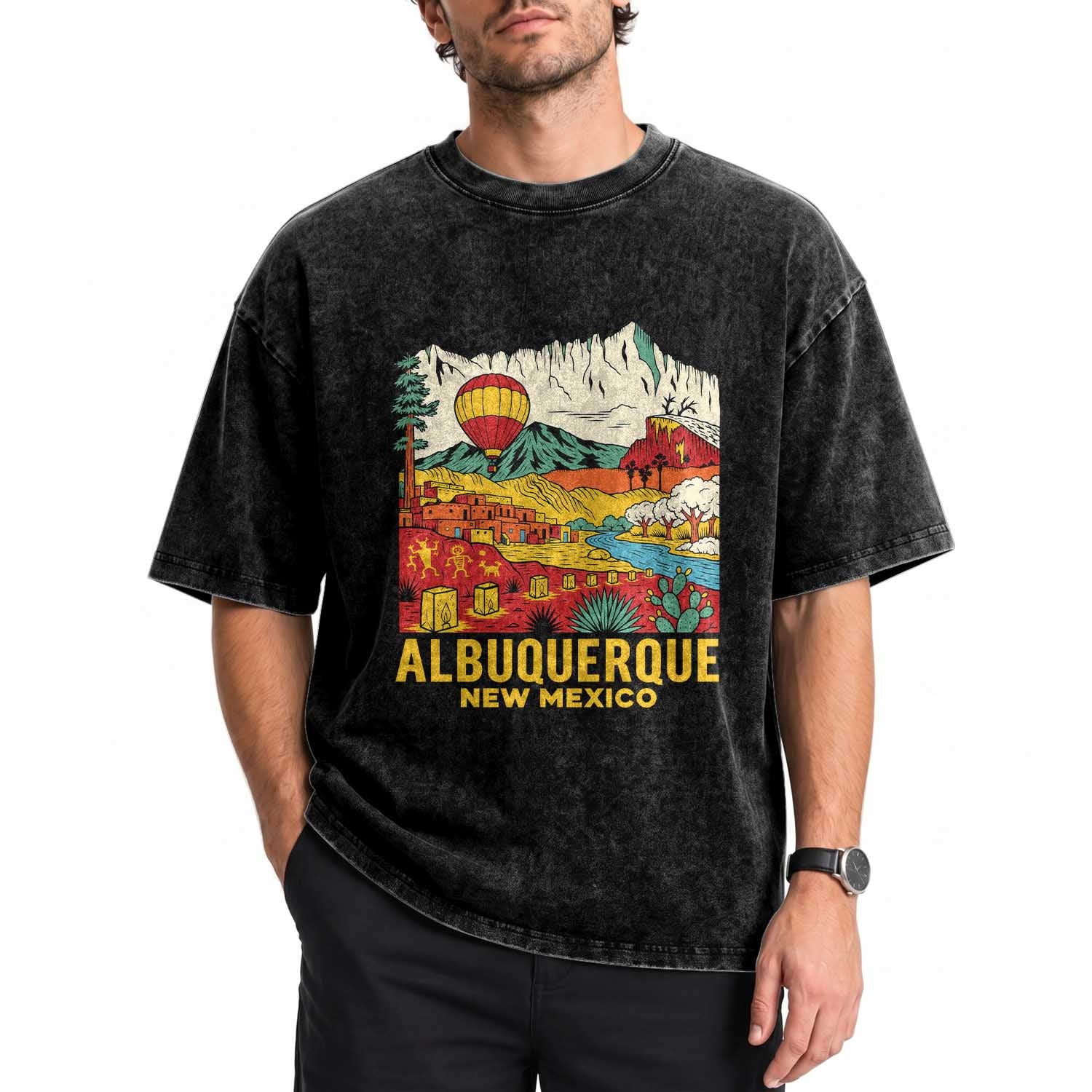 Vintage Albuquerque New Mexico Washed Cotton T-Shirt Southwestern Pueblo Landscape Hot Air Balloon
