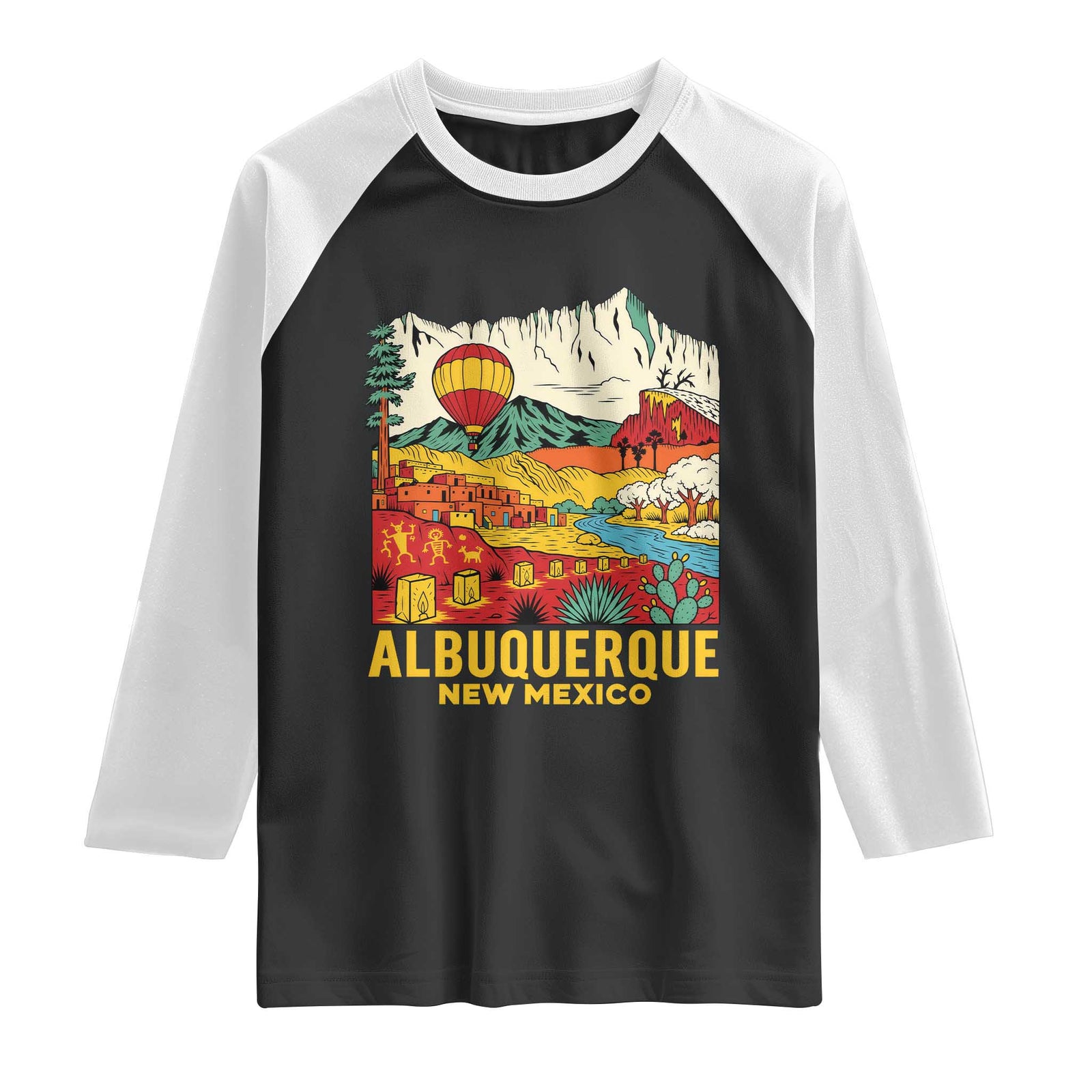 Vintage Albuquerque New Mexico Raglan Shirt Southwestern Pueblo Landscape Hot Air Balloon