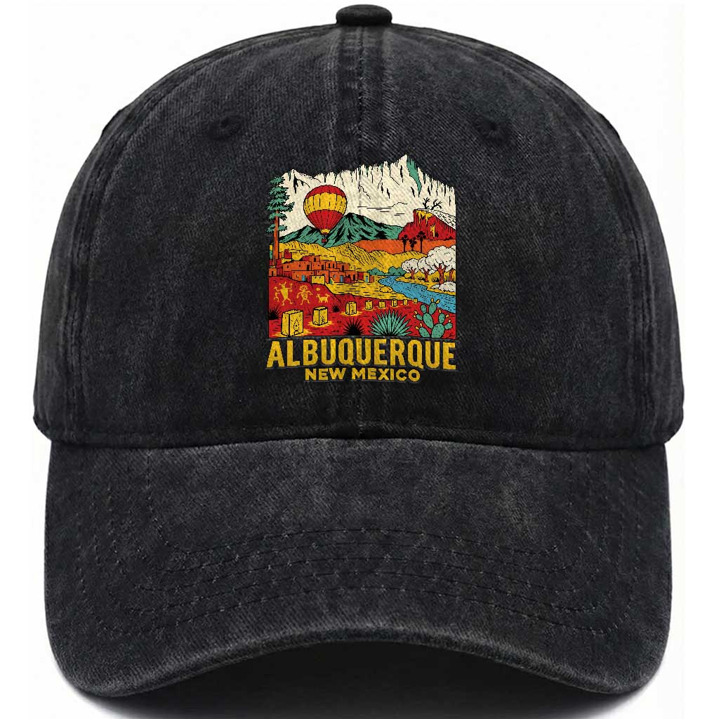 Vintage Albuquerque New Mexico Washed Cotton Baseball Cap Southwestern Pueblo Landscape Hot Air Balloon