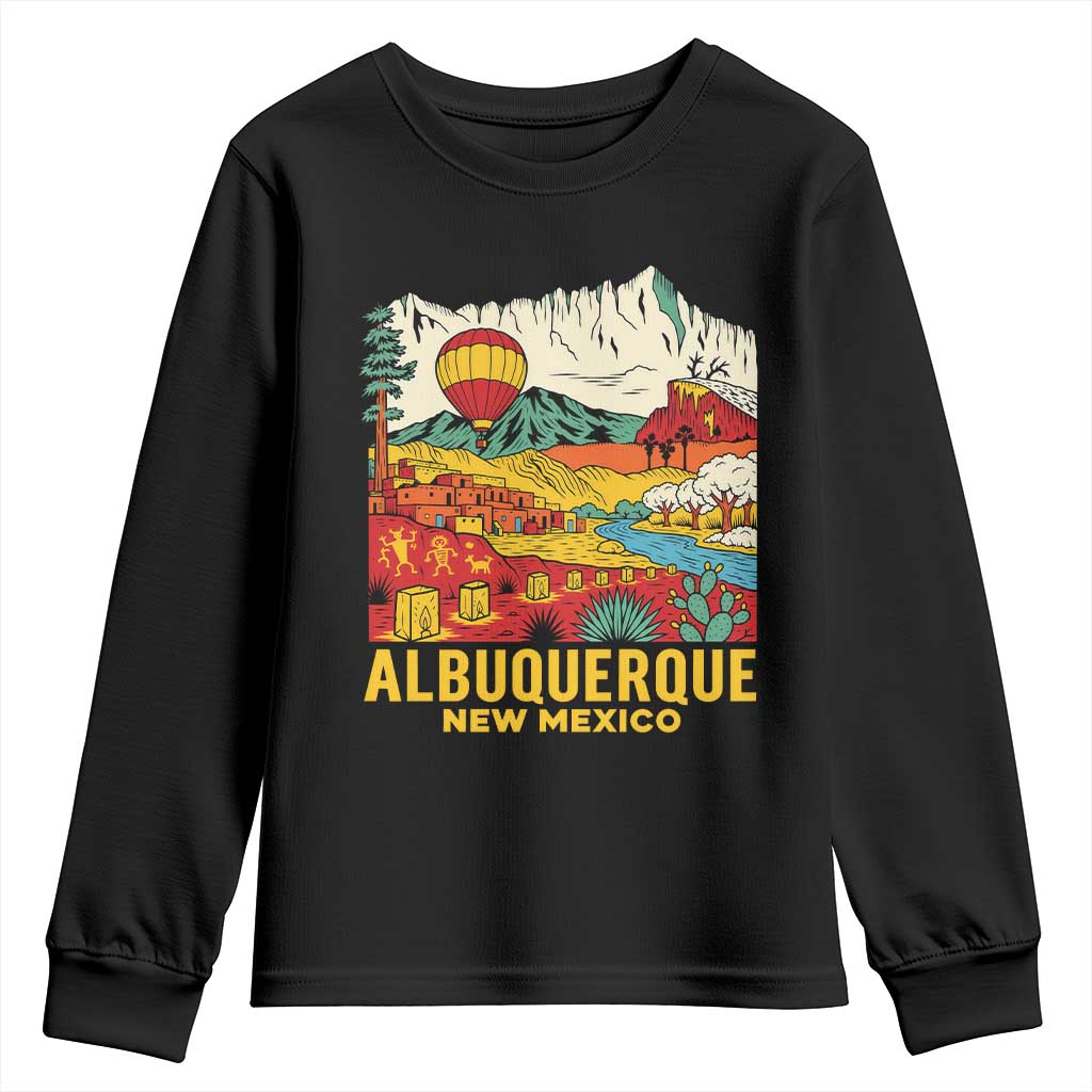 Vintage Albuquerque New Mexico Youth Sweatshirt Southwestern Pueblo Landscape Hot Air Balloon