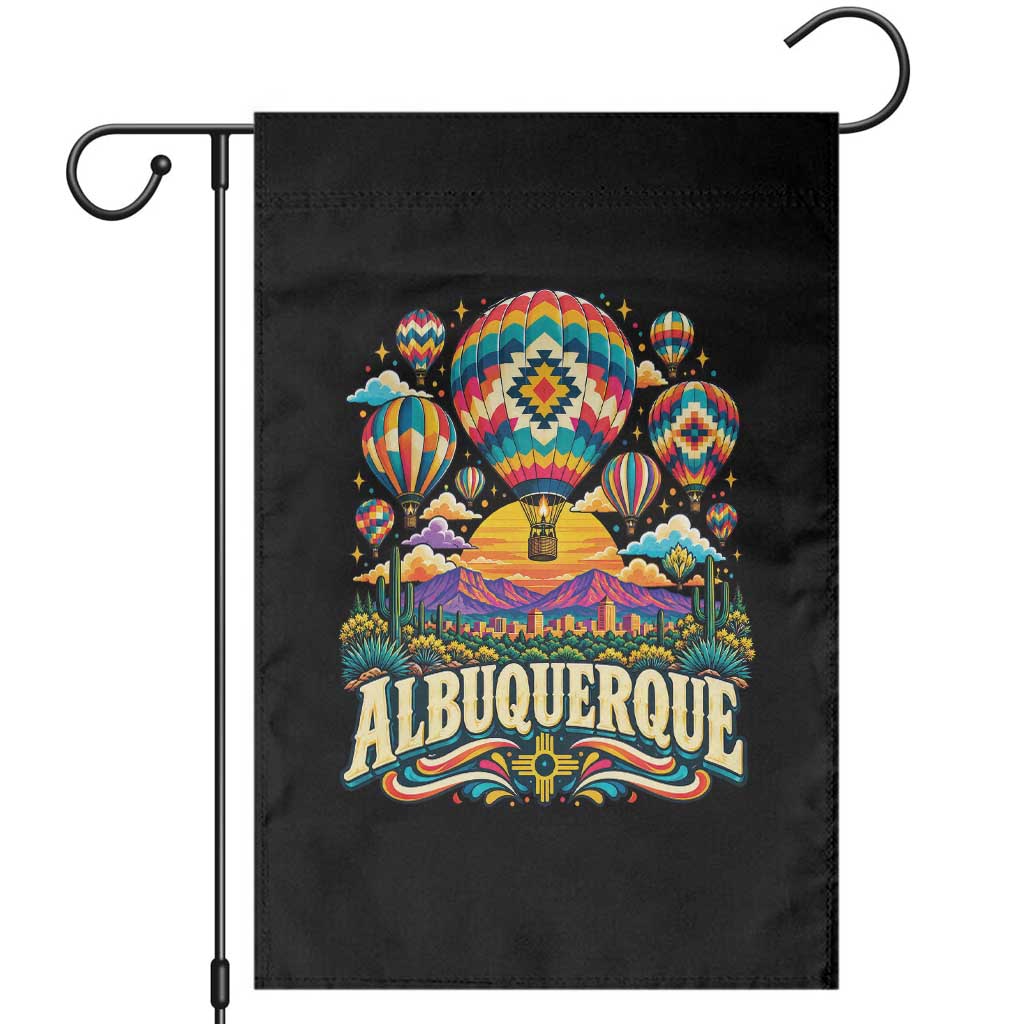 Colorful Albuquerque Hot Air Balloon Festival Graphic Garden Flag Southwestern Sunset Skyline Art