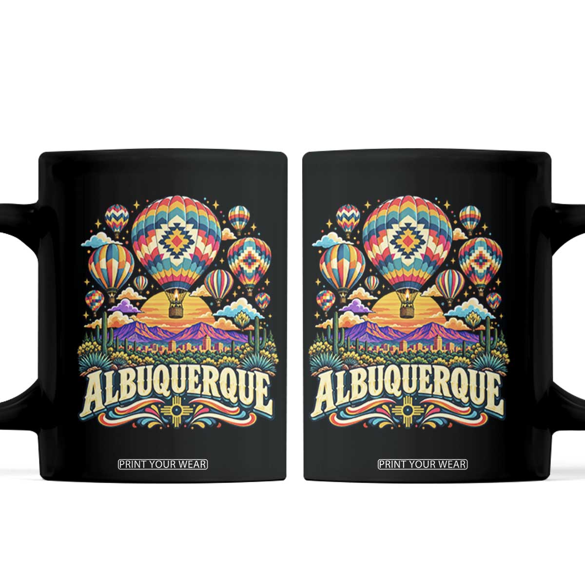 Colorful Albuquerque Hot Air Balloon Festival Graphic Coffee Mug Southwestern Sunset Skyline Art